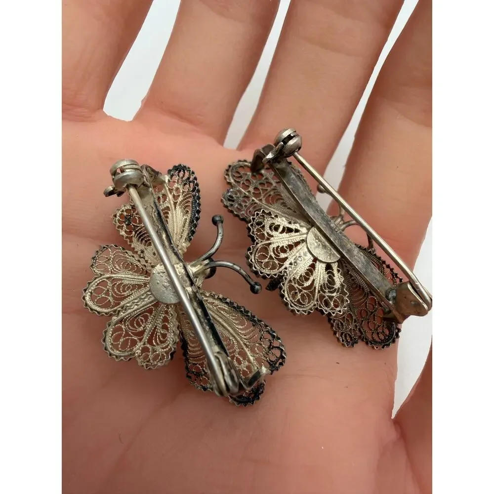 2 Vintage 800 Italian Silver Filigree Butterfly Brooch